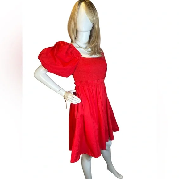 ODDI Red Puff-Sleeve Smocked Midi Dress NWT - Picture 4 of 8